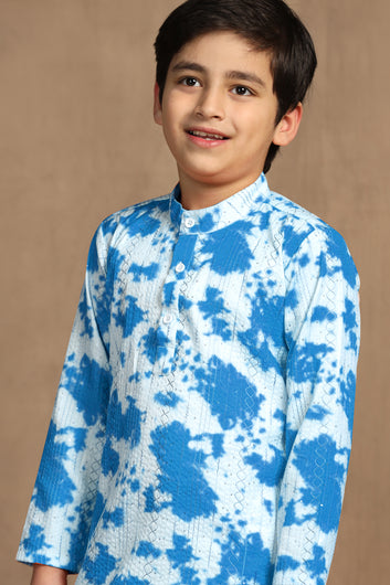 Boys Sky Blue Cotton Blend Printed Straight Kurta With Payjama Set