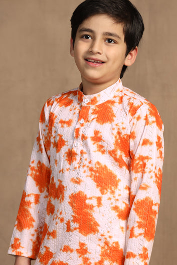 Boys Orange Cotton Blend Printed Straight Kurta With Payjama Set