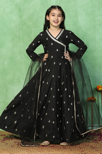 Girls Black Chanderi Silk Embroidered Maxi Dress With Dupatta