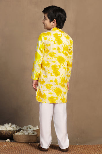 Boys Yellow Cotton Blend ColorBlocks Straight Kurta With Payjama Set