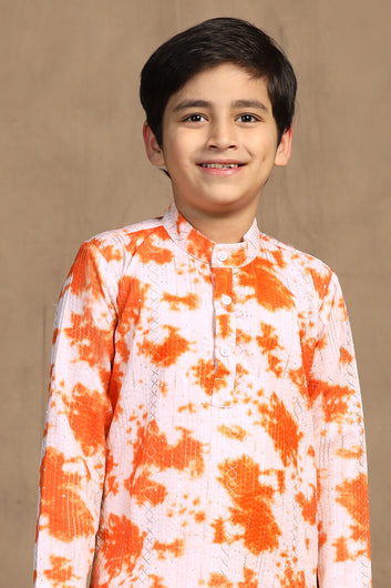 Boys Orange Cotton Blend Printed Straight Kurta With Payjama Set