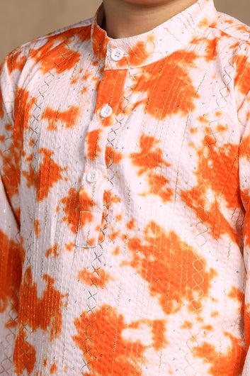 Boys Orange Cotton Blend Printed Straight Kurta With Payjama Set