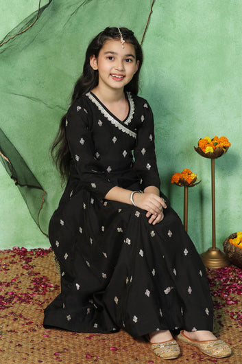 Girls Black Chanderi Silk Embroidered Maxi Dress With Dupatta