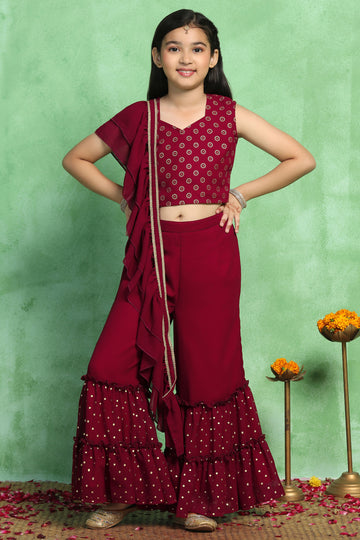 Girls Maroon Georgette Embroidered Crop Top And Sharara With Dupatta Set