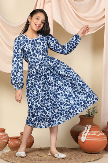 Girls Blue Slub Floral Printed Calf Length Dress