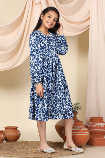 Girls Blue Slub Floral Printed Calf Length Dress