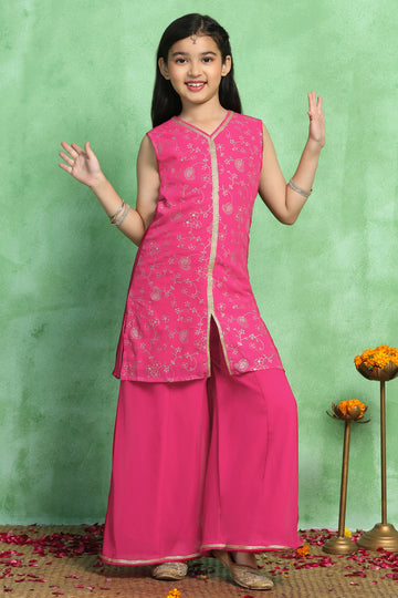 Girls Rani Georgette Embroidered Straight Kurta With Palazzo Set