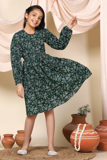 Girls Green Slub Cotton Floral Printed Knee Length Dress