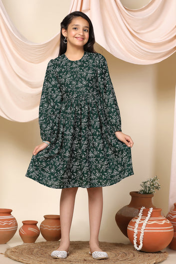 Girls Green Slub Cotton Floral Printed Knee Length Dress