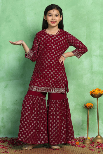 Girls Maroon Georgette Printed Kurta With Sharara Set