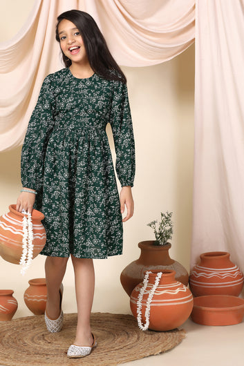 Girls Green Slub Cotton Floral Printed Knee Length Dress