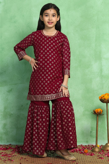 Girls Maroon Georgette Printed Kurta With Sharara Set