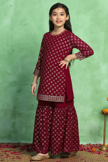 Girls Maroon Georgette Printed Kurta With Sharara Set