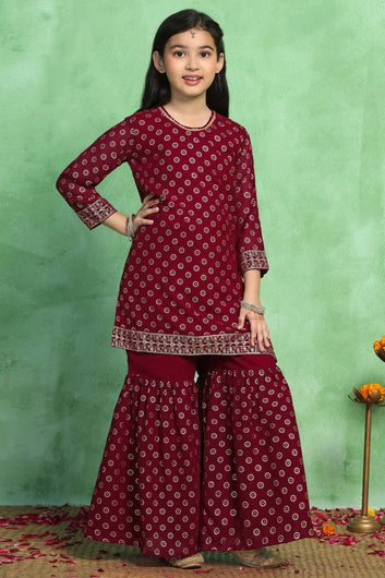 Girls Maroon Georgette Printed Kurta With Sharara Set