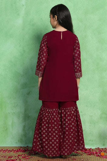 Girls Maroon Georgette Printed Kurta With Sharara Set