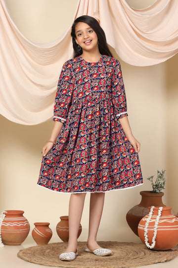 Girls Blue Slub Floral Printed Knee Length Dress