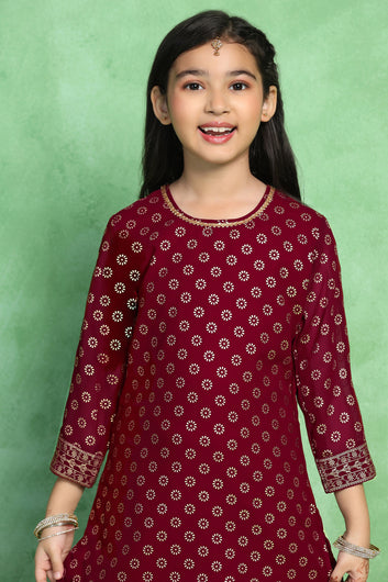 Girls Maroon Georgette Printed Kurta With Sharara Set