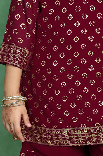 Girls Maroon Georgette Printed Kurta With Sharara Set