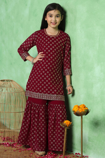 Girls Maroon Georgette Printed Kurta With Sharara Set