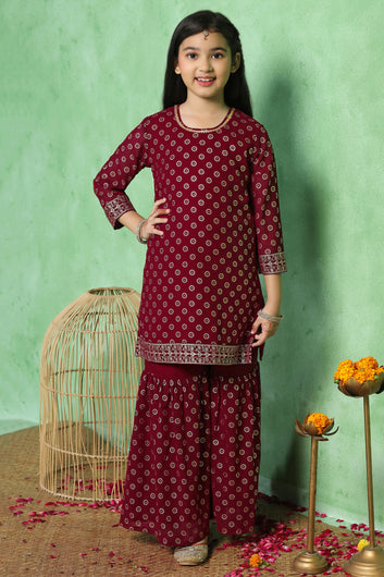 Girls Maroon Georgette Printed Kurta With Sharara Set