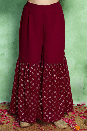 Girls Maroon Georgette Printed Kurta With Sharara Set