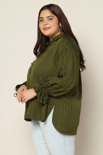 Women's Plus Size Mehndi Striped Shirt Style Top
