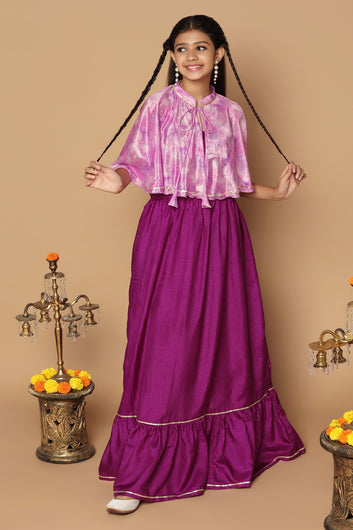 Girls Purple Maxi Length Fit And Flare Dresses With Cape