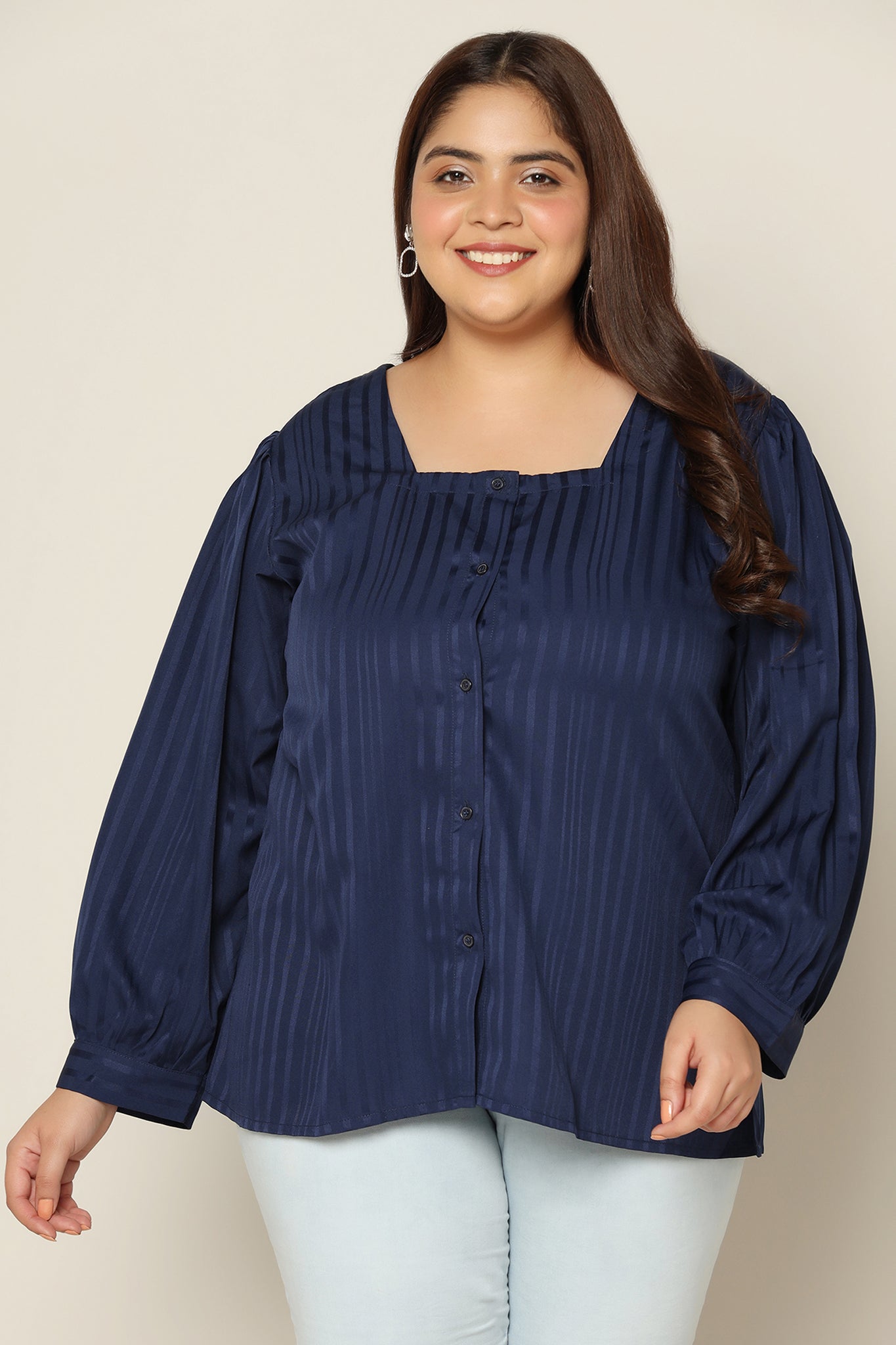 Women's Plus Size Navy Blue Striped Puff Sleeve Top