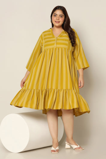 Women's Plus Size Mustard Striped Knee Length Dress