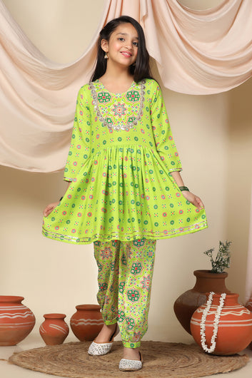 Girls Slub Floral Printed Peplum Style Kurta With Salwar Set