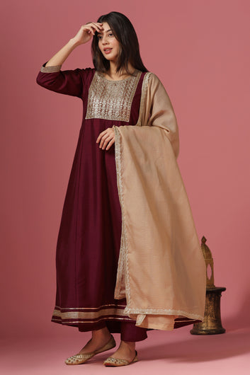 Women's Maroon Embroidered Kurta And Pant Set With Dupatta