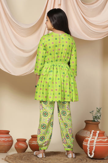 Girls Slub Floral Printed Peplum Style Kurta With Salwar Set