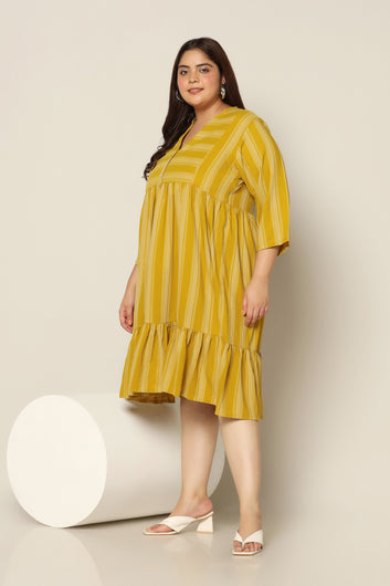 Women's Plus Size Mustard Striped Knee Length Dress