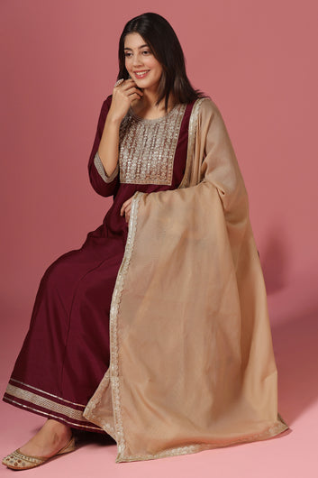 Women's Maroon Embroidered Kurta And Pant Set With Dupatta