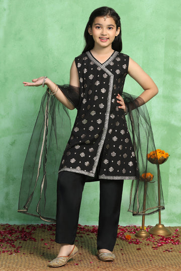 Girl's Black Roman Silk Foil Printed Crop Top And Palazzo set