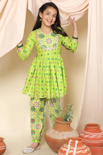 Girls Slub Floral Printed Peplum Style Kurta With Salwar Set