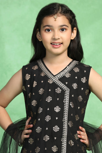 Girl's Black Roman Silk Foil Printed Crop Top And Palazzo set
