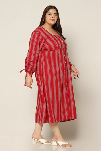 Women's Plus Size Maroon Striped A-Line Midi Dress