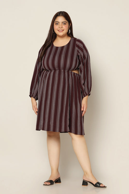 Women's Plus Size Wine Striped Waist Cut-Out Dress