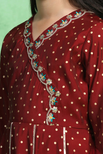 Girl's Maroon Roman Silk Foil Printed Salwar Suit Set with Dupatta