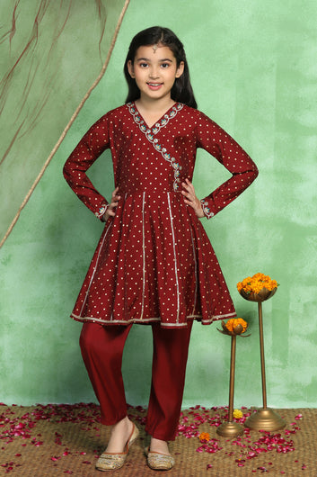 Girl's Maroon Roman Silk Foil Printed Salwar Suit Set with Dupatta