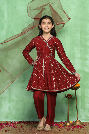 Girl's Maroon Roman Silk Foil Printed Salwar Suit Set with Dupatta
