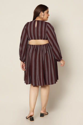 Women's Plus Size Wine Striped Waist Cut-Out Dress