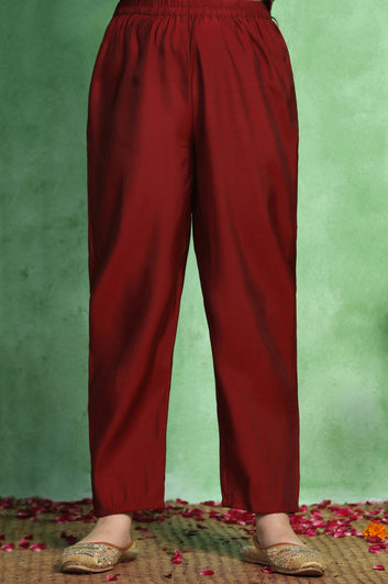 Girl's Maroon Roman Silk Foil Printed Salwar Suit Set with Dupatta