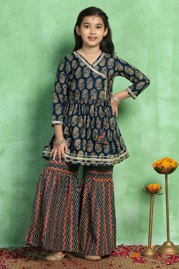 Girls Dark Blue Cotton Angarkha Printed Flared Kurta With Sharara Set