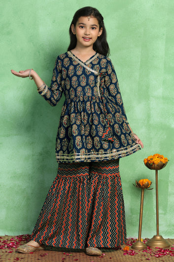 Girls Dark Blue Cotton Angarkha Printed Flared Kurta With Sharara Set