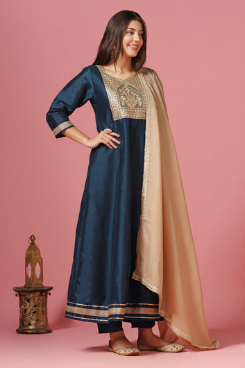 Women's Navy Blue Embroidered Kurta And Pant Set With Dupatta