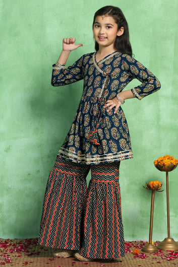 Girls Dark Blue Cotton Angarkha Printed Flared Kurta With Sharara Set