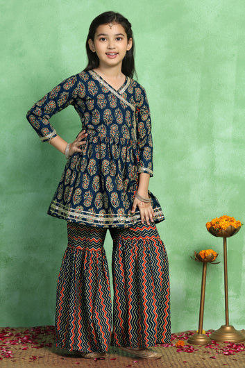 Girls Dark Blue Cotton Angarkha Printed Flared Kurta With Sharara Set