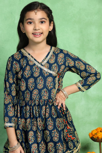 Girls Dark Blue Cotton Angarkha Printed Flared Kurta With Sharara Set